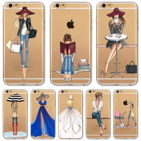 For iPhone 7 6 6S 5 5S SE 7Plus 6sPlus 4S Phone Case Cover Fashion Dress Shopping Girl Transparent Soft Silicon Mobile Phone Bag