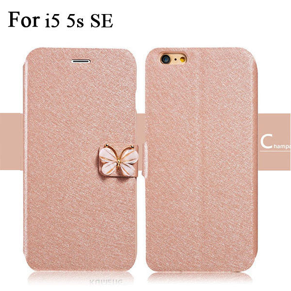 Luxury Fashion Butterfly Built-in Card slot Silk Pattern 4.7" Stand Flip Leather Mobile Phone Case For iPhone 5 5S SE 6 6S Plus