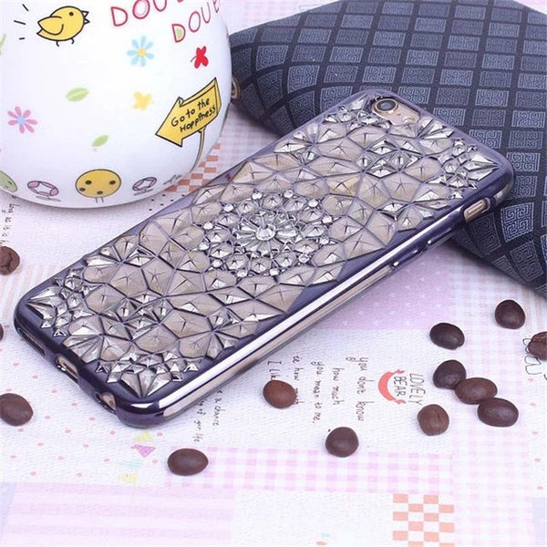 New Luxury 3D Electroplating Flowers Rhinestone Bling Soft TPU Phone Cases Cover For iPhone 7 7Plus 5 5G 5S SE 6 6G 6S 4.7 6Plus