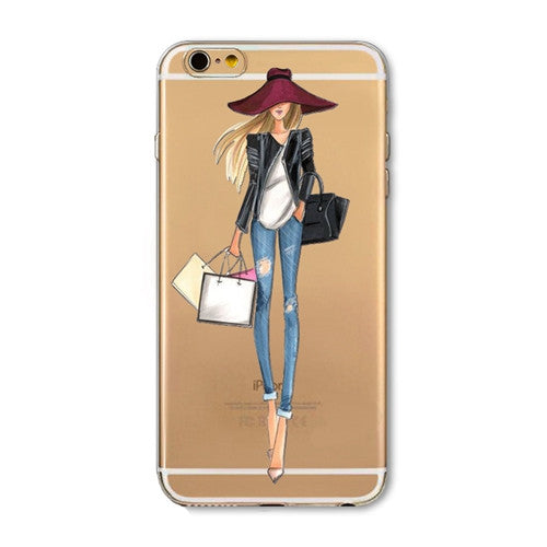 For iPhone 7 6 6S 5 5S SE 7Plus 6sPlus 4S Phone Case Cover Fashion Dress Shopping Girl Transparent Soft Silicon Mobile Phone Bag