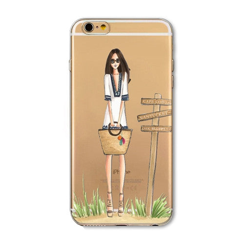 For iPhone 7 6 6S 5 5S SE 7Plus 6sPlus 4S Phone Case Cover Fashion Dress Shopping Girl Transparent Soft Silicon Mobile Phone Bag