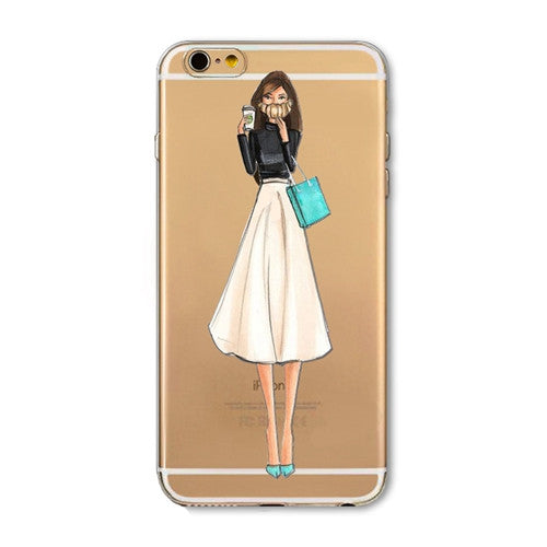 For iPhone 7 6 6S 5 5S SE 7Plus 6sPlus 4S Phone Case Cover Fashion Dress Shopping Girl Transparent Soft Silicon Mobile Phone Bag