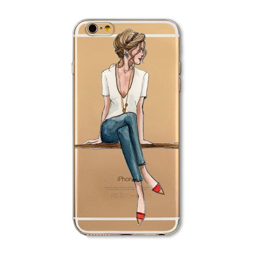 For iPhone 7 6 6S 5 5S SE 7Plus 6sPlus 4S Phone Case Cover Fashion Dress Shopping Girl Transparent Soft Silicon Mobile Phone Bag