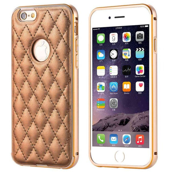 For iPhone6 6s 6s Plus Cover Luxury Aluminum Metal +Leather Back Accessories Gold Case Hole Logo For Apple iphone 6 6S 6 6s Plus