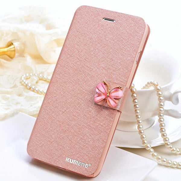 Bastec Luxury Fashion Butterfly Built-in Card slot Silk Pattern Stand Flip Leather Mobile Phone Case for iPhone 7 6 6S Plus