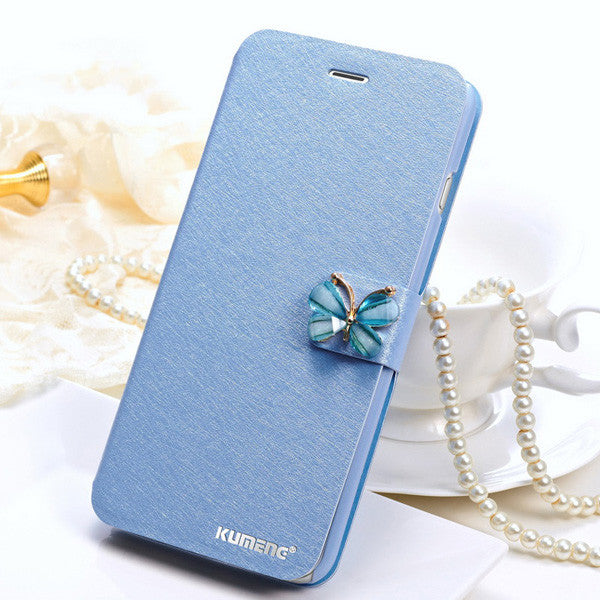 Bastec Luxury Fashion Butterfly Built-in Card slot Silk Pattern Stand Flip Leather Mobile Phone Case for iPhone 7 6 6S Plus