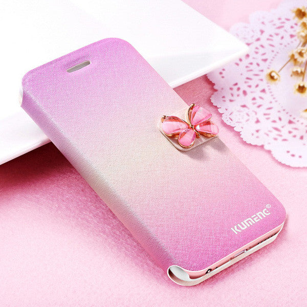 Bastec Luxury Fashion Butterfly Built-in Card slot Silk Pattern Stand Flip Leather Mobile Phone Case for iPhone 7 6 6S Plus