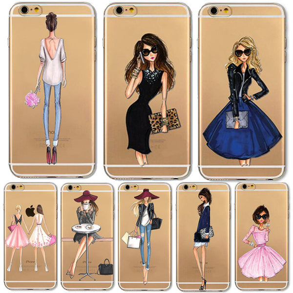 Cases For iPhone 6 6s Plus 6Plus Fashionable Dress Shopping Modern Girls Painted TPU Transparent Clear Soft Silicon Phone Cover