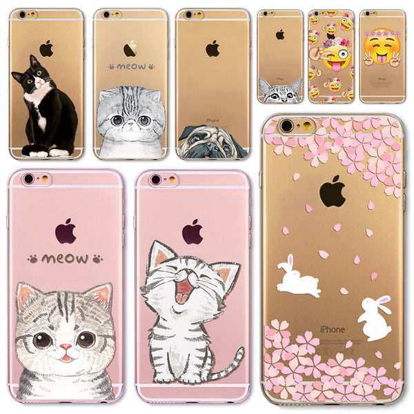 For Apple iPhone  6 6S  5 5S SE 6Plus 6sPlus 5C 4 4S Soft Silicon Transparent Phone Case Cover Cute Cat Rabbit Emojio Phone Capa